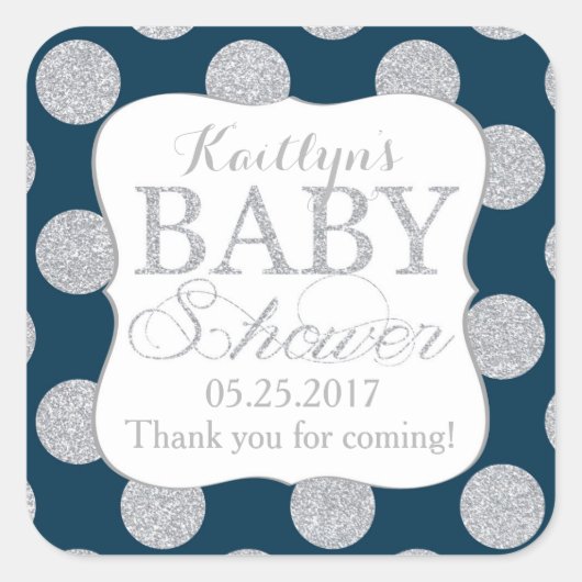 Silver Glitzer Dots Navy Blue Baby Dusche Label Quadratischer Aufkleber (Vorderseite)