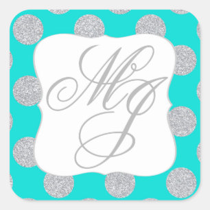 Silver Glitzer Dots Türkis Monogramm Etikett Quadratischer Aufkleber