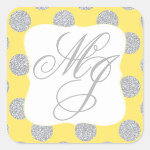 Silver Glitzer Dots Yellow Monogram Label Quadratischer Aufkleber