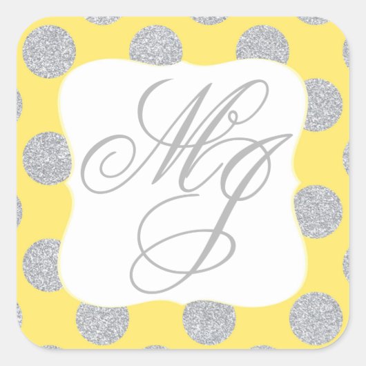Silver Glitzer Dots Yellow Monogram Label Quadratischer Aufkleber (Vorderseite)