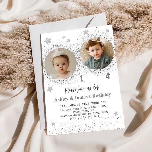 Silver Glitzer Double Birthday Kids Foto Einladung