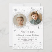 Silver Glitzer Double Birthday Kids Foto Einladung (Vorderseite)