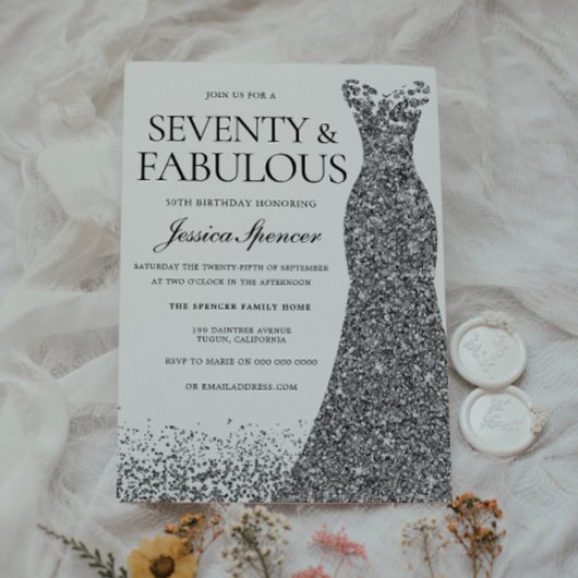 Silver Glitzer Dress 70 & Fabulous 70. Party Einladung