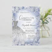 Silver Glitzer Dress Blue Snowflakes Quinceanera Einladung (Stehend Vorderseite)