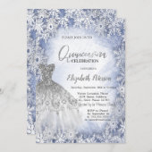 Silver Glitzer Dress Blue Snowflakes Quinceanera Einladung (Vorne/Hinten)