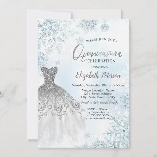 Silver Glitzer Dress Snowflakes Einladung (Vorderseite)