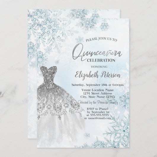 Silver Glitzer Dress Snowflakes Einladung (Vorne/Hinten)