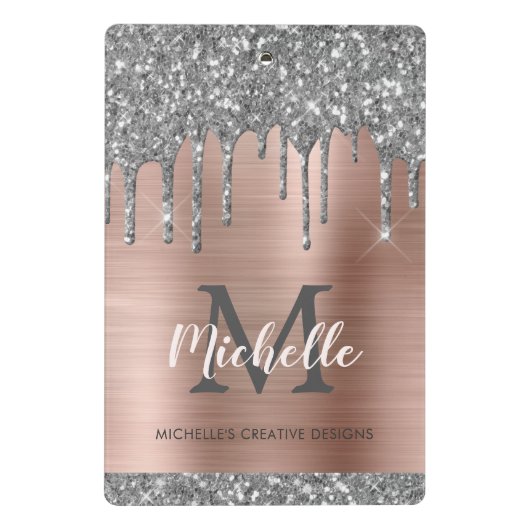 Silver Glitzer Driving Rose Gold Monogram Mini Klemmbrett (Rückseite)
