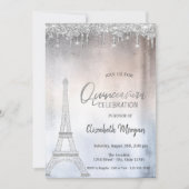 Silver Glitzer Drops Eiffelturm Quinceanera Einladung (Vorderseite)