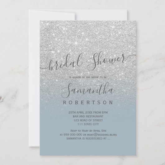 Silver Glitzer Dusty Blue Script Brautparty Einladung (Vorderseite)