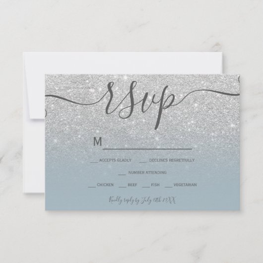 Silver Glitzer dusty blue script uAwg RSVP Karte (Vorderseite)