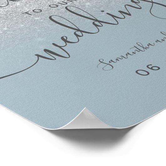 Silver Glitzer Dusty Blue Script willkommen Poster (Ecke)