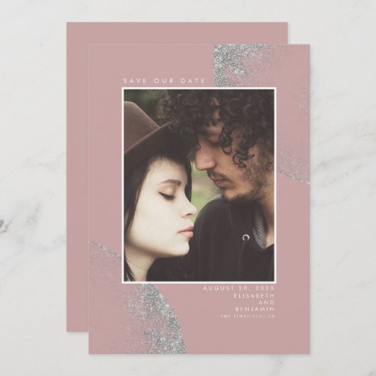 Silver Glitzer Dusty Pink Save the Date Foto (Vorne/Hinten)