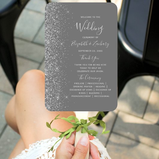 Silver Glitzer Edge Gray Wedding Program Fächer
