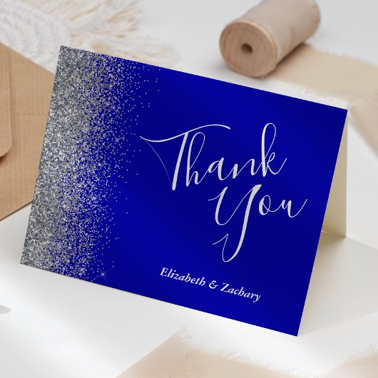 Silver Glitzer Edge Royal Blue Wedding Vielen Dank Karte