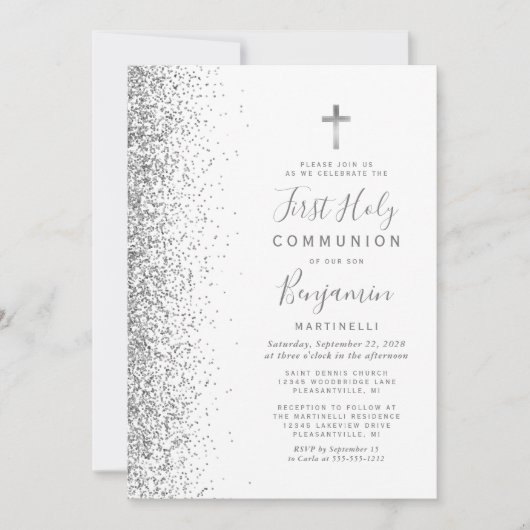 Silver Glitzer Edge White First Heilige Kommune Einladung (Vorderseite)