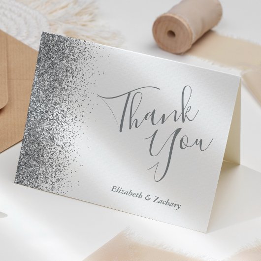 Silver Glitzer Edge White Wedding Vielen Dank Karte