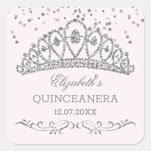 Silver Glitzer Effekt Tiara, Konfetti Quinceanera Quadratischer Aufkleber (Vorderseite)