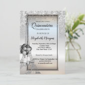 Silver Glitzer Eiffel Tower, Balloons Quinceañera Einladung (Stehend Vorderseite)