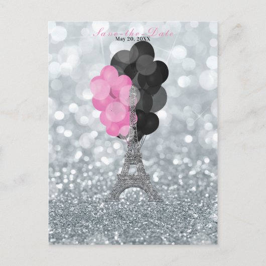 Silver Glitzer Eiffel Tower Balloons Save the Date Ankündigungspostkarte (Vorderseite)