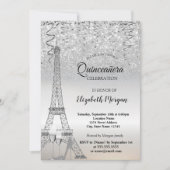 Silver Glitzer Eiffel Tower, Heel, Glass Quinceañe Einladung (Vorderseite)