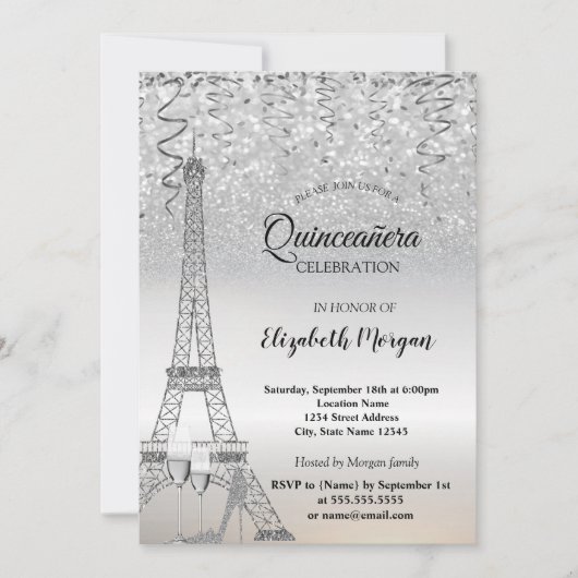 Silver Glitzer Eiffel Tower, Heel, Glass Quinceañe Einladung (Vorderseite)