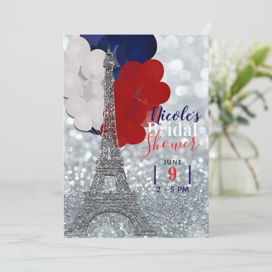 Silver Glitzer Eiffel Tower Red White Blue Party Einladung (Stehend Vorderseite)