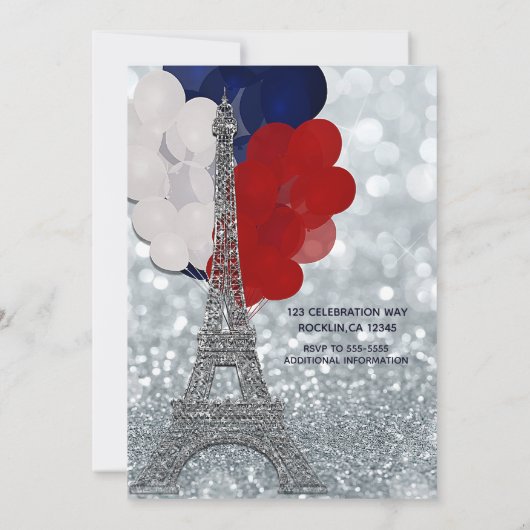 Silver Glitzer Eiffel Tower Red White Blue Party Einladung (Rückseite)