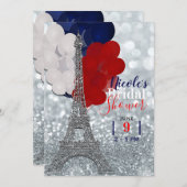 Silver Glitzer Eiffel Tower Red White Blue Party Einladung (Vorne/Hinten)