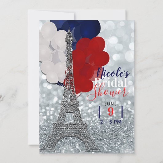Silver Glitzer Eiffel Tower Red White Blue Party Einladung (Vorderseite)