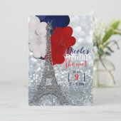 Silver Glitzer Eiffel Tower Red White Blue Party Einladung (Stehend Vorderseite)