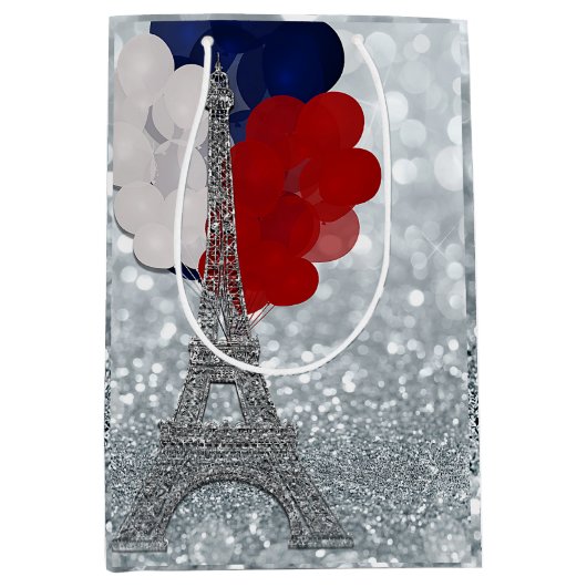 Silver Glitzer Eiffel Tower Red White Blue Party Mittlere Geschenktüte (Vorderseite)