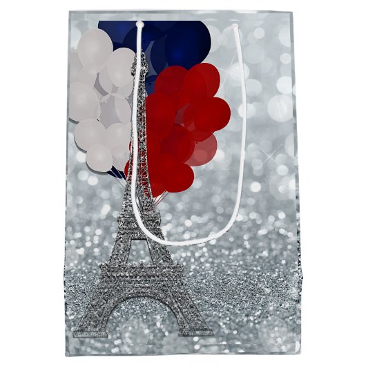 Silver Glitzer Eiffel Tower Red White Blue Party Mittlere Geschenktüte (Rückseite)