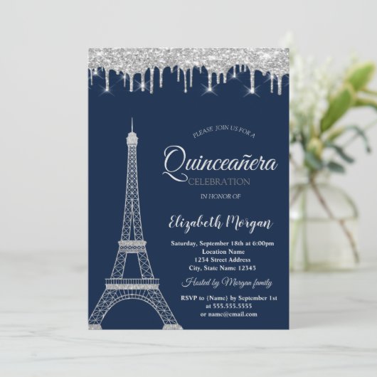 Silver Glitzer Eiffel Tower, Tropfens Quinceañera Einladung (Stehend Vorderseite)