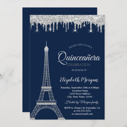 Silver Glitzer Eiffel Tower, Tropfens Quinceañera Einladung (Vorne/Hinten)
