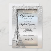 Silver Glitzer Eiffelturm, Glass, Heel Quinceañera Einladung (Vorderseite)