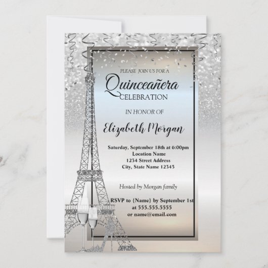 Silver Glitzer Eiffelturm, Glass, Heel Quinceañera Einladung (Vorderseite)