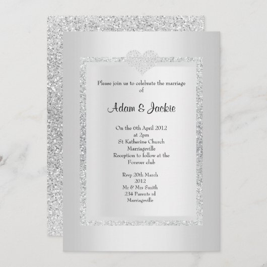 Silver Glitzer ELEGANT CLASSY WEDY Einladung (Vorne/Hinten)