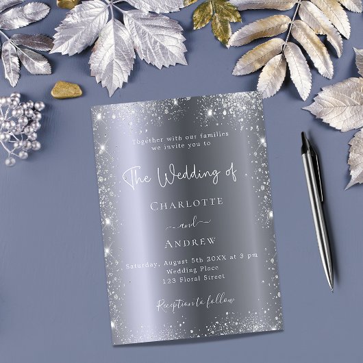Silver Glitzer elegante Drehbuch Luxus Hochzeit Einladung