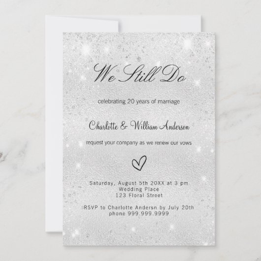 Silver Glitzer elegante Gelübde Erneuerung Hochzei Einladung (Vorderseite)