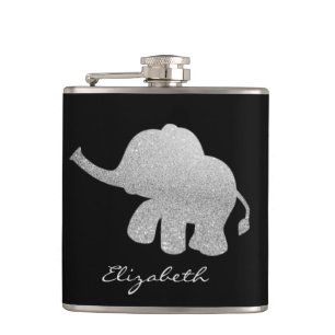 Silver Glitzer Elephant, Schwarz - Personalisiert Flachmann