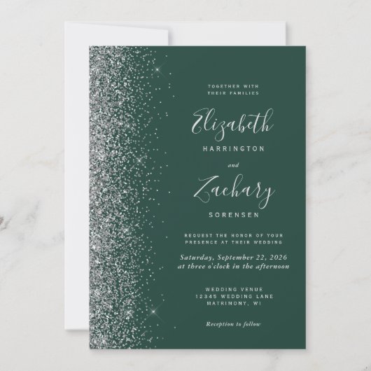 Silver Glitzer Emerald Green QR Code Wedding Einladung (Vorderseite)