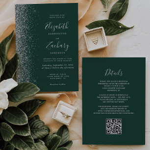 Silver Glitzer Emerald Green QR Code Wedding Einladung