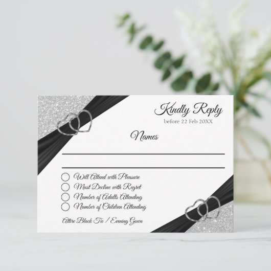 Silver Glitzer Enclosure Card RSVP Karte (Stehend Vorderseite)