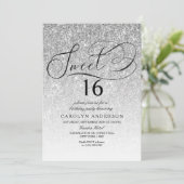 Silver Glitzer Extravagant Script Sweet 16 Geburts Einladung (Stehend Vorderseite)