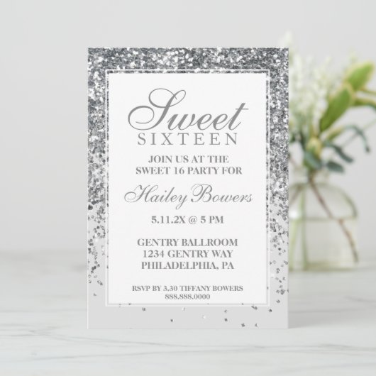 Silver Glitzer Fab 16 . Geburtstag Einladung (Stehend Vorderseite)