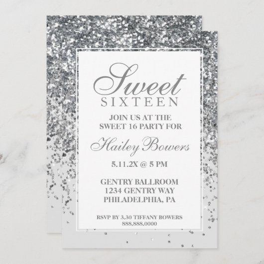 Silver Glitzer Fab 16 . Geburtstag Einladung (Vorne/Hinten)