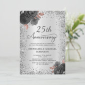 Silver Glitzer Floral 25. Hochzeitstag Einladung (Stehend Vorderseite)
