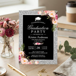 Silver Glitzer Floral Foto Graduation Party Einladung