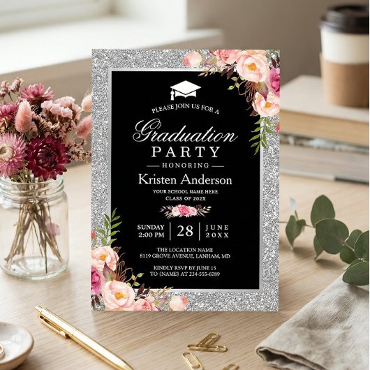 Silver Glitzer Floral Foto Graduation Party Einladung